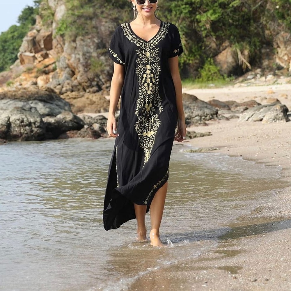 Embroidered Black and Gold Swim Coverup